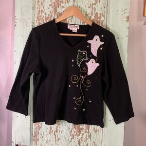 Vintage Women’s Jack B Quick Black long sleeve Halloween Ghost blouse. Size M